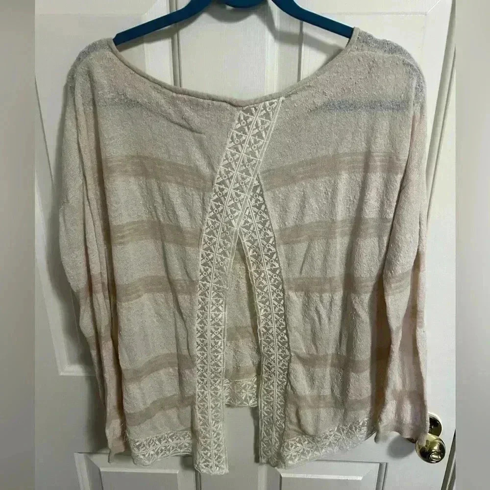 Free People Tan And Cream Striped Linen Blend Split Back Blouse XS